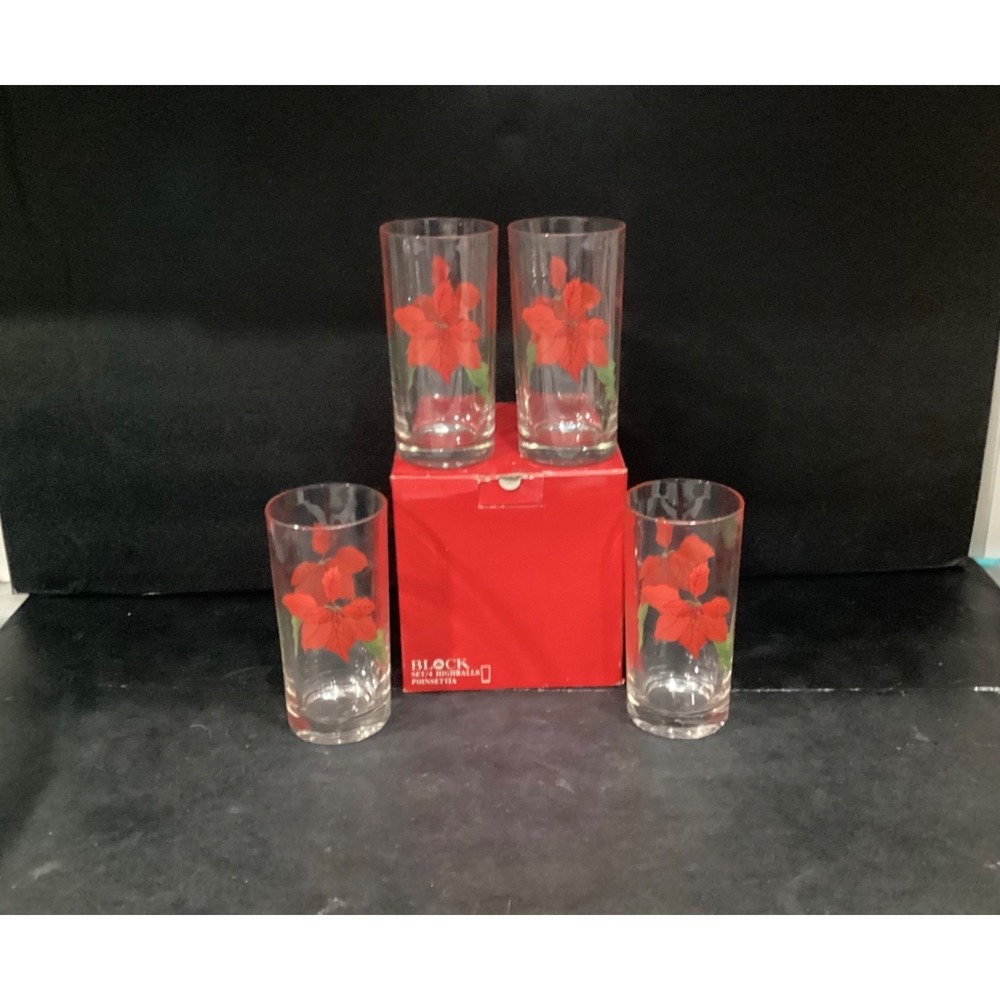 Set of 4 Crisal Portugal Block Spal Poinsettia 12 OZ Glassware Tumbler Highball!